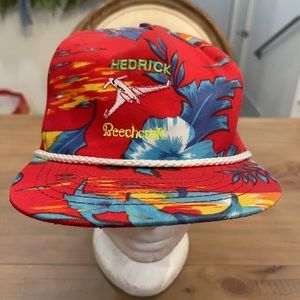 Vintage Hedrick Beechcraft Red Hawaiian Print Snapback Trucker Rope Hat San Sun